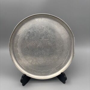 Vintage Round Aluminum Serving Tray Birds Leaf Floral Decorative etched engraved